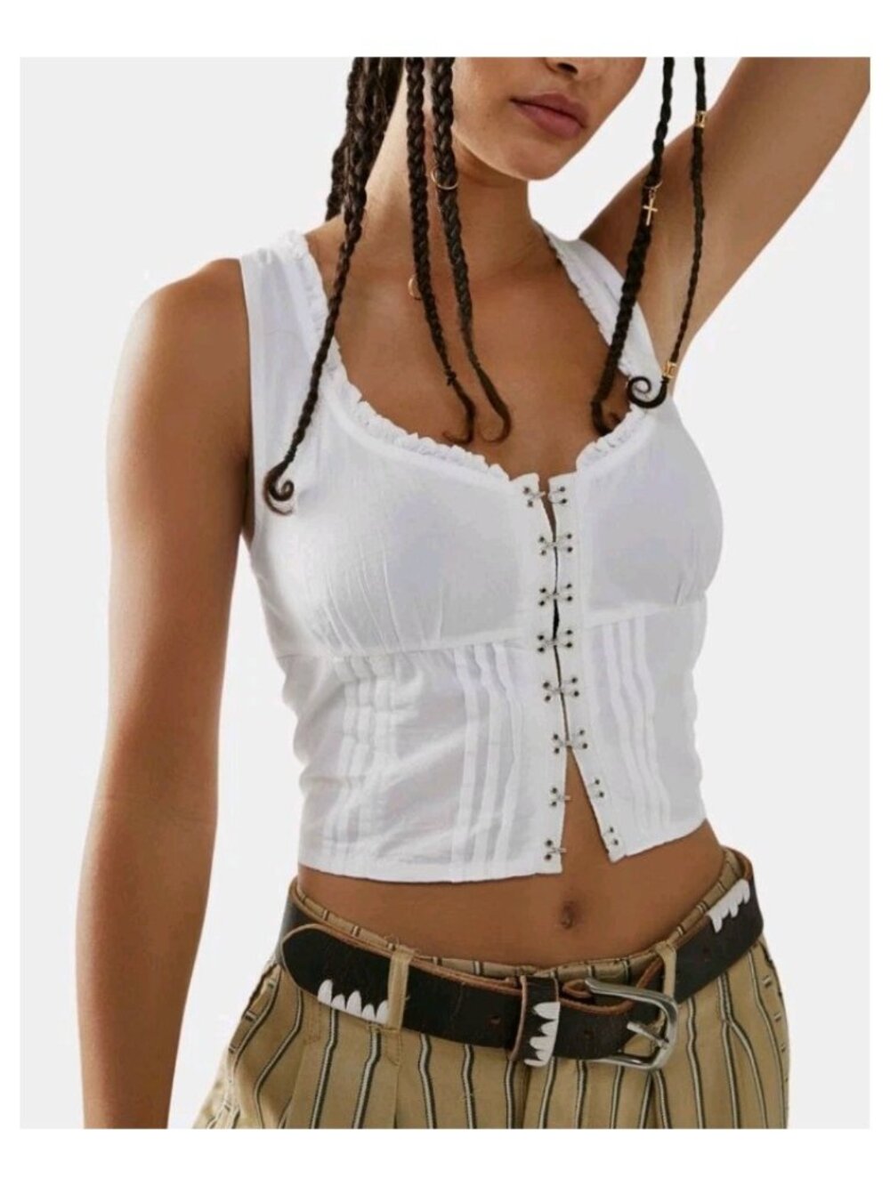 Free People Amelia Corset Top Pintuck Ruffle Smocked Fitted Romantic S White